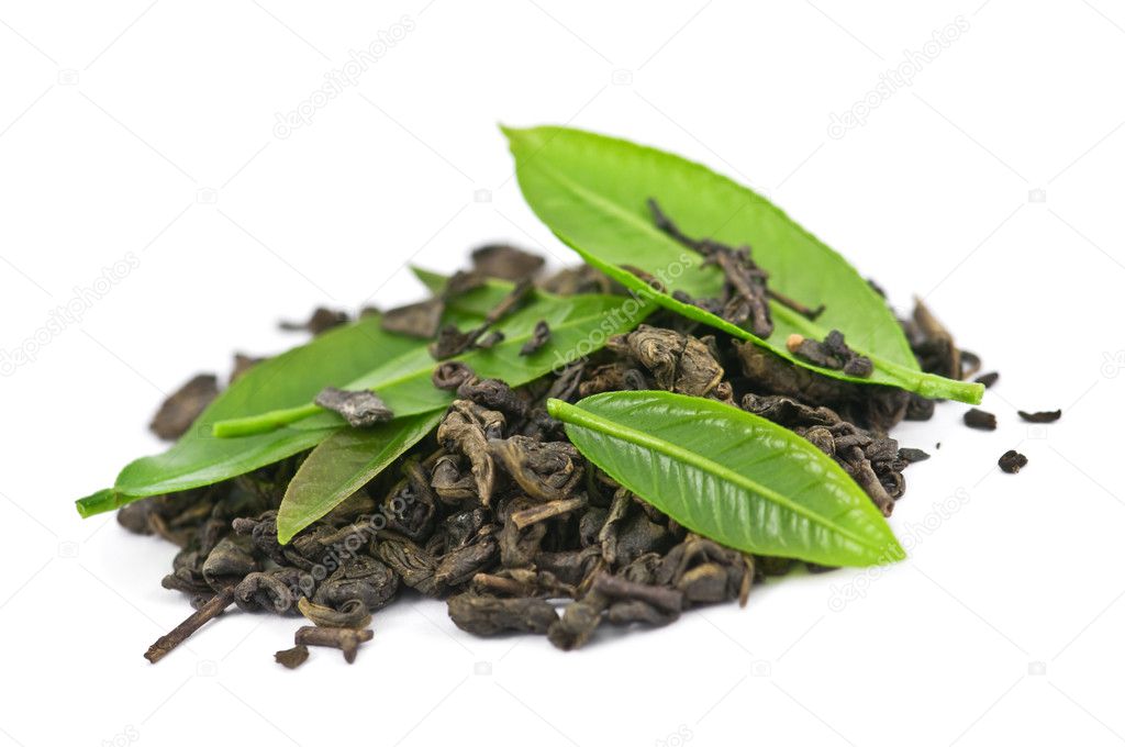 Green tea with leaf isolated on white background