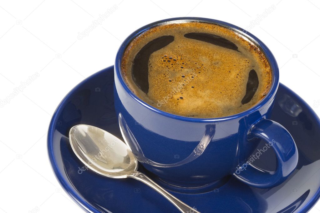 Blue cup with coffee on white background.