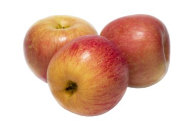 beyaz zemin üzerinde üç pembe elma
