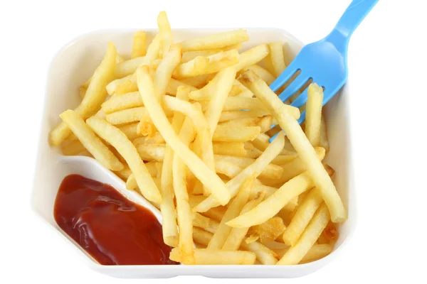 French fries with red ketchup and blue spoon — Stock Photo, Image