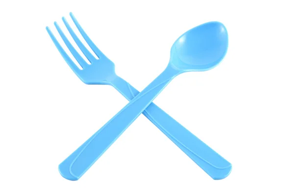 Cross blue plastic spoon and fork — Stock Photo, Image