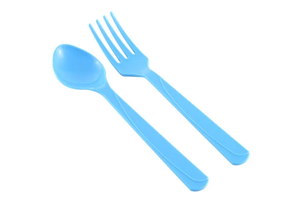 Cucchiaio e forchetta in plastica blu parallelo — Foto Stock