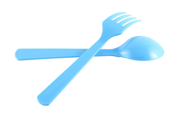 Cross blue plastic spoon and fork — Stock Photo, Image