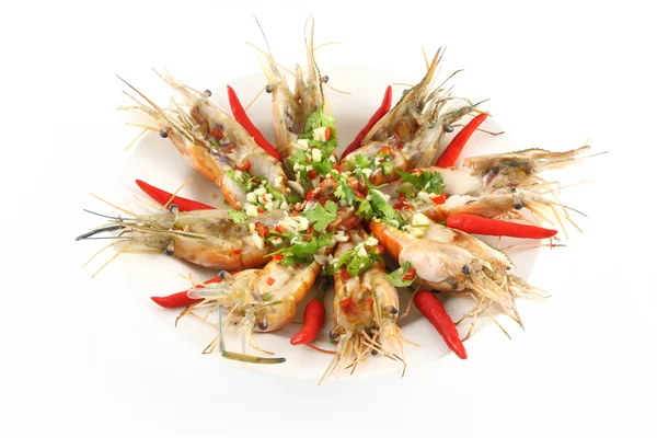 Spicy dressed salad prawn in round plate. — Stock Photo, Image