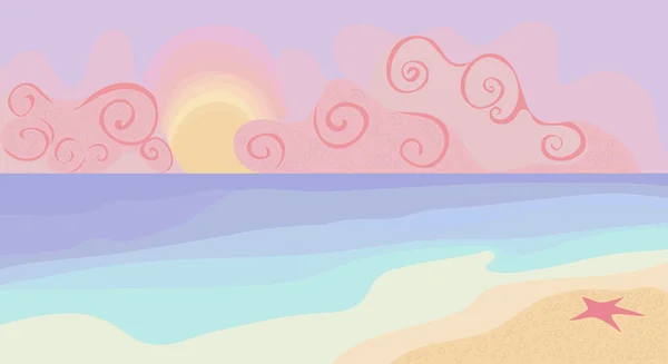 Playa y puesta de sol con colores pastel — Vector de stock