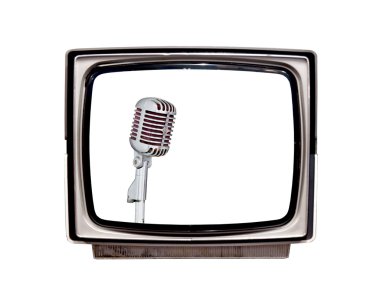 Retro mikrofon ve eski beyaz bir arka plan üzerinde tv