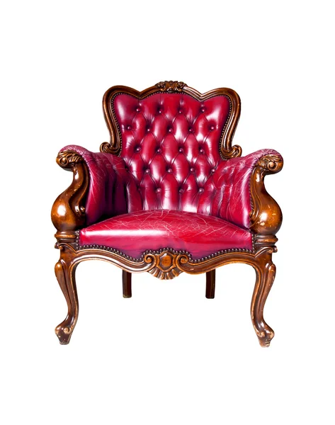 在白色背景上的复古红色真皮扶手椅 — 图库照片