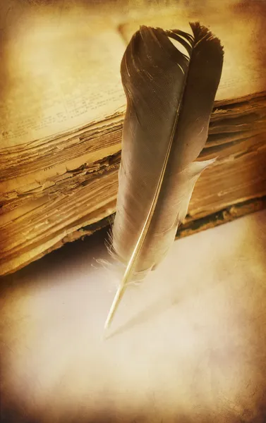 Старая книга с пером — стоковое фото