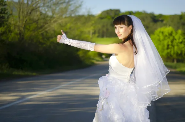美しい花嫁ヒッチ-ハイキングは道で — ストック写真