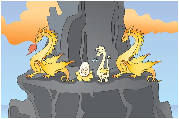 Família de dragões amarelos em uma rocha 1 — Vetor de Stock