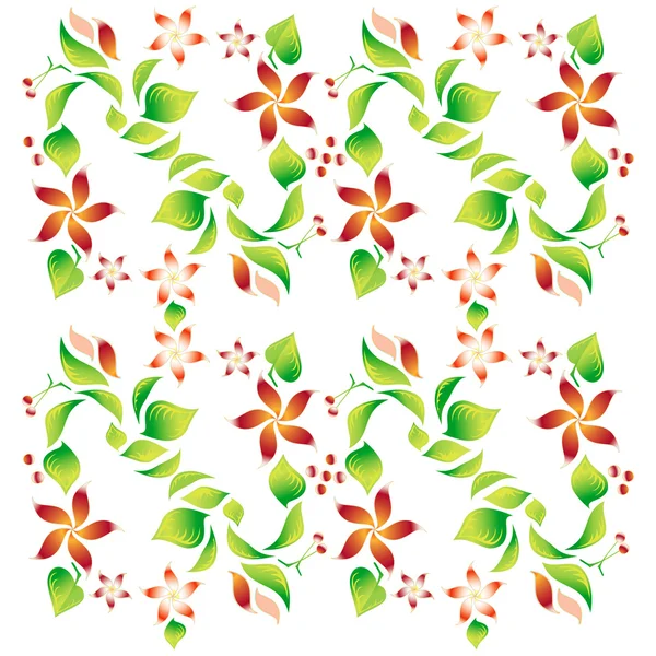 Prydnad med blad, röda blommor och körsbär 9 — Stock vektor