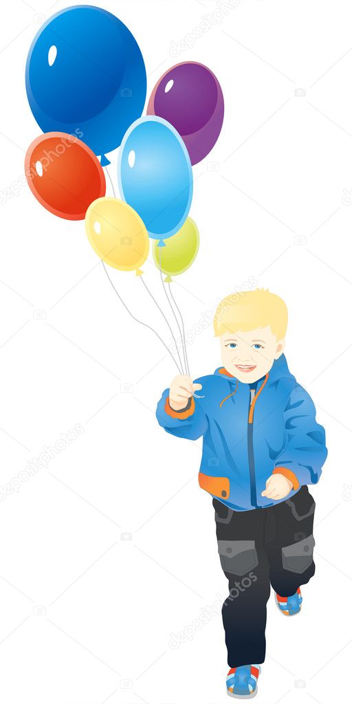 Little boy running with balloons