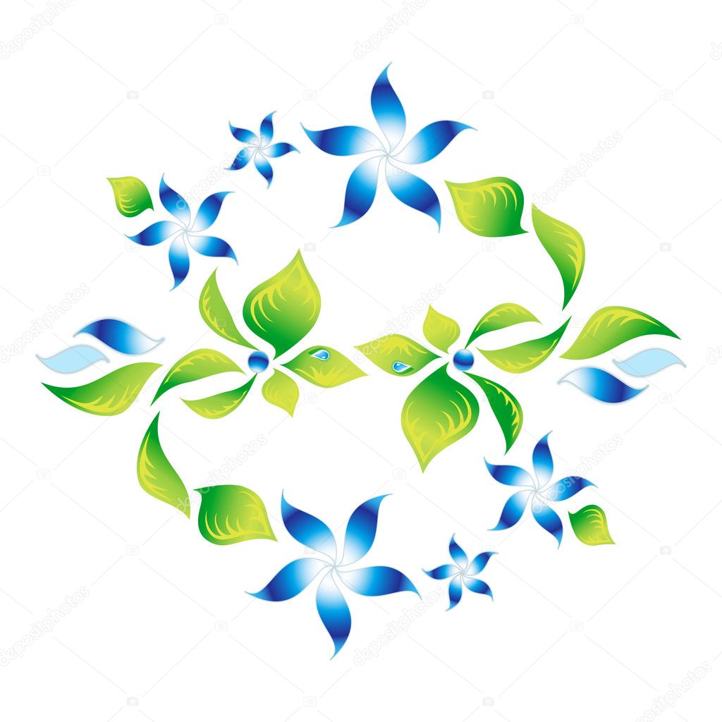 Element of an ornament with green foliage and blue flowers 5
