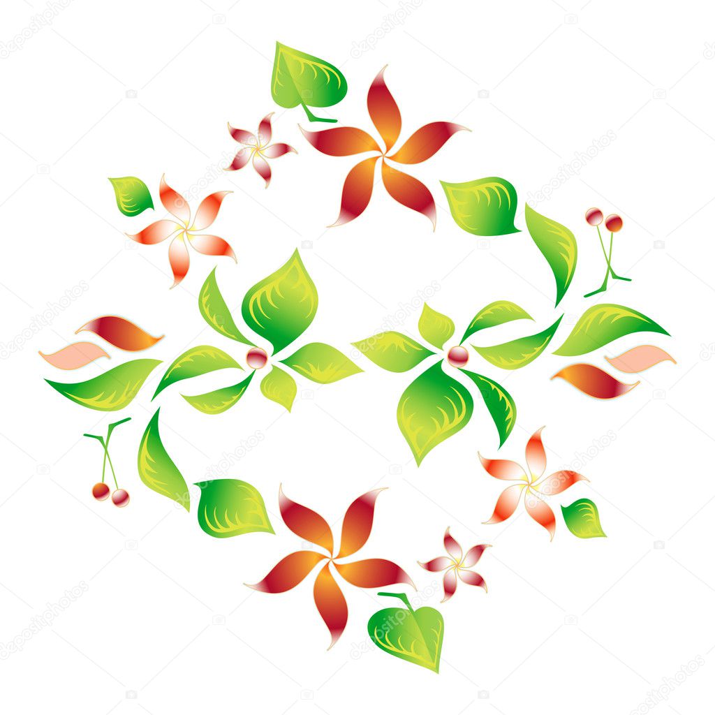 Element of an ornament with foliage, red flowers and cherry 8