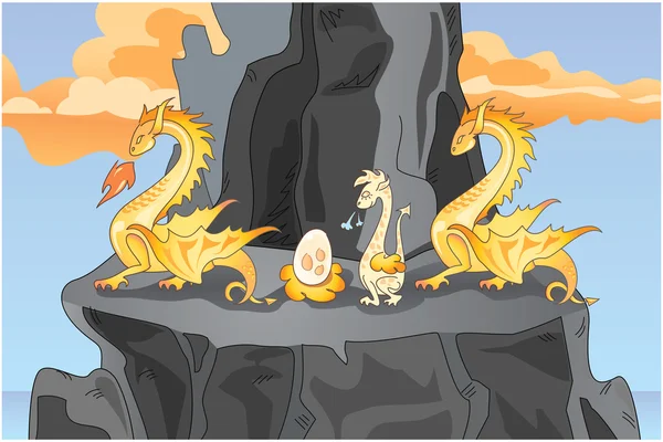 Família de dragões amarelos em uma rocha 2 — Vetor de Stock