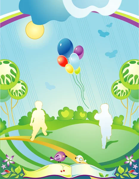Пейзаж с силуэтами детей и улетающими воздушными шарами — стоковый вектор
