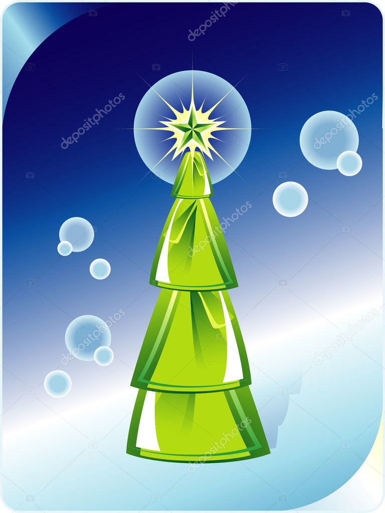 Green Christmas tree on abstract blue background. Vector