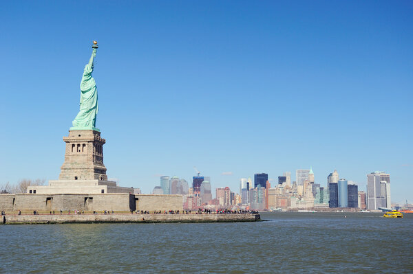 Statue of Liberty faces New York City Manhattan