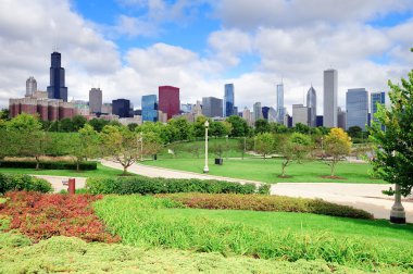 Chicago skyline over park clipart