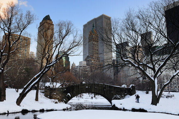 New York City Manhattan Central Park panorama in winter with snow, bridge; freezing lake and skyscrapers at dusk.