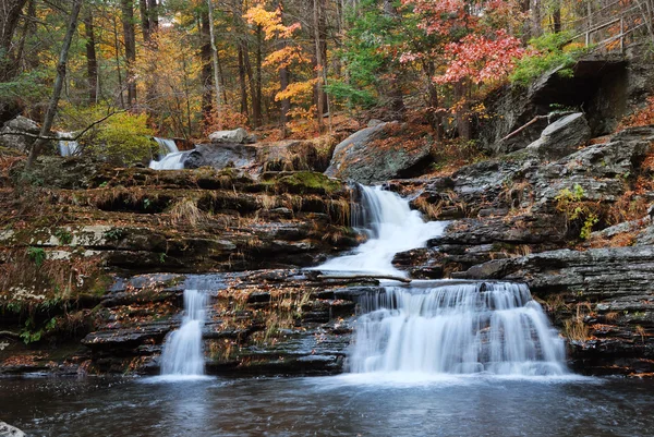 山与叶子的秋天瀑布 — 图库照片