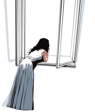 Girl watching through window, vector illustration. clipart