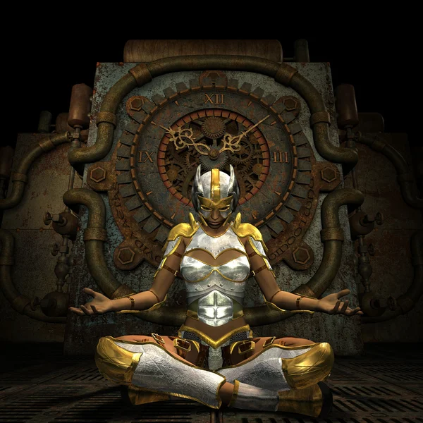 Woman in armor while meditating — Stock Photo, Image