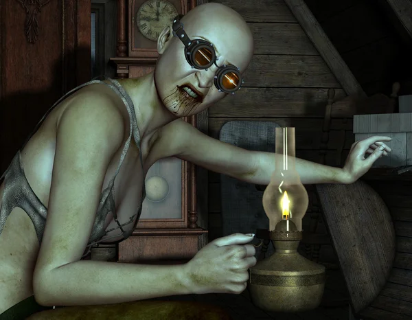 Zombie with goggles and oil lamp — Stock Photo, Image