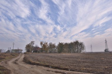 Autumn landscape with fields, road and clouds