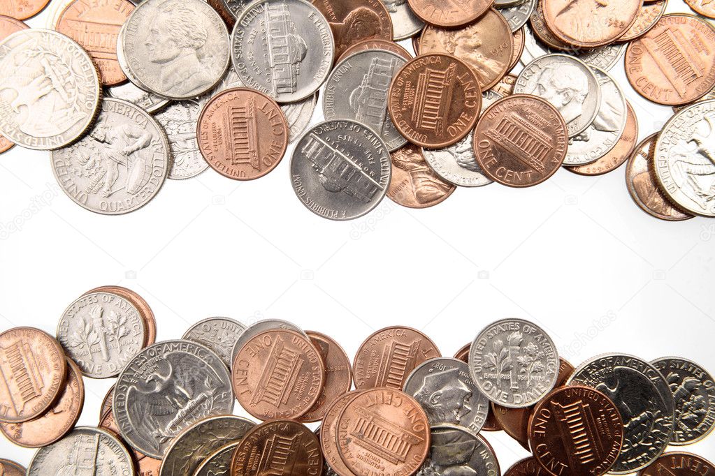 Closeup of American coins on plain background