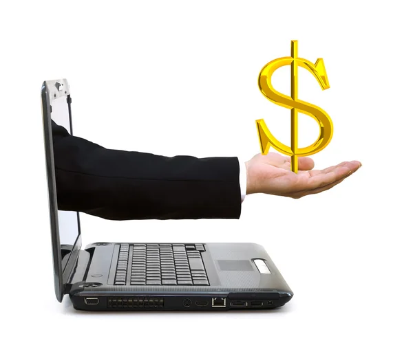 Hand in a laptop with a golden dollar symbol — Stock Photo, Image