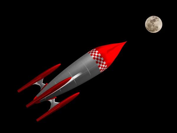 Red and white rocket flying to the moon — Stock Photo, Image