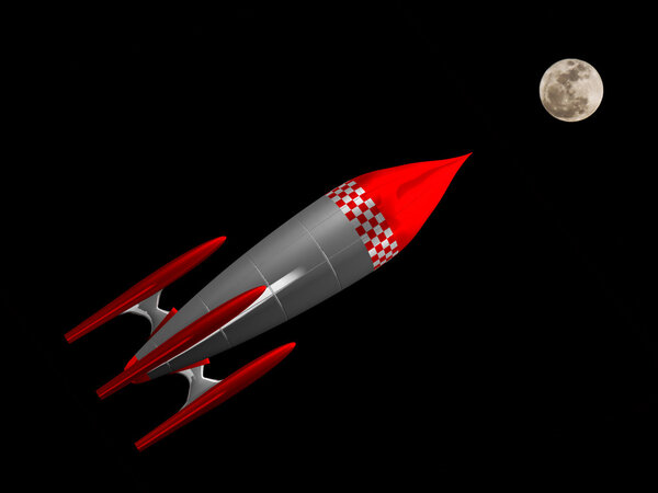 Red and white rocket flying to the moon
