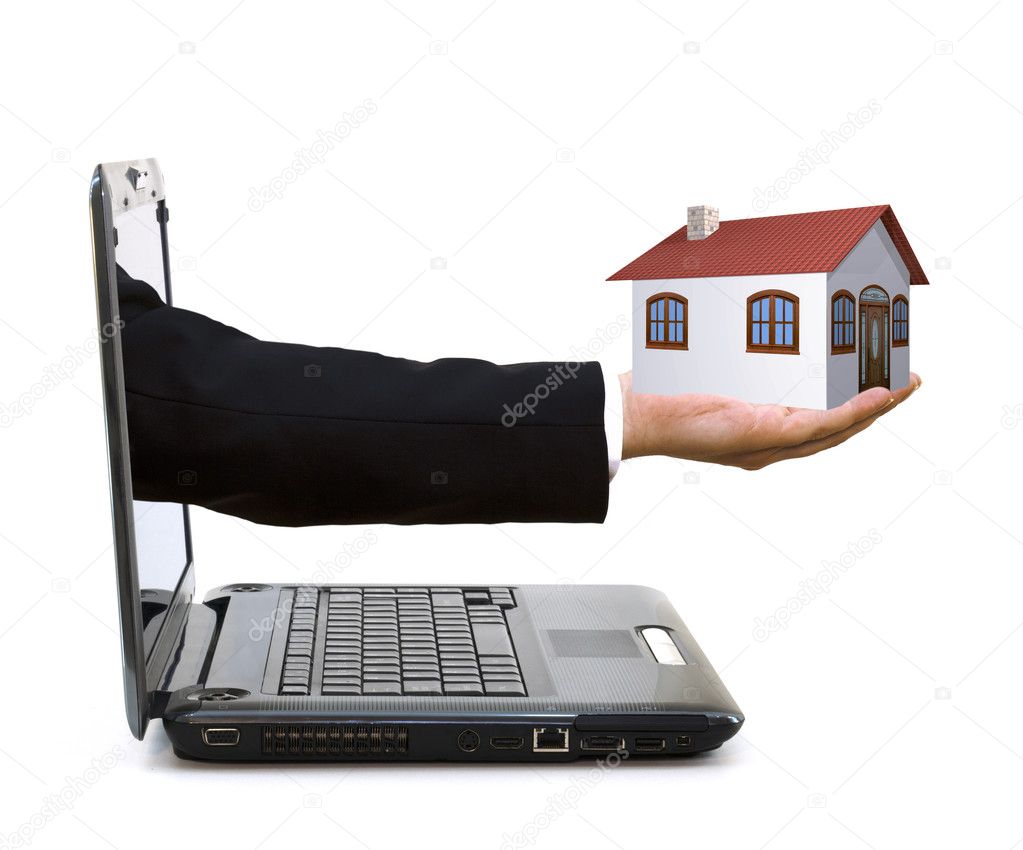 Hand with a house exiting from a laptop