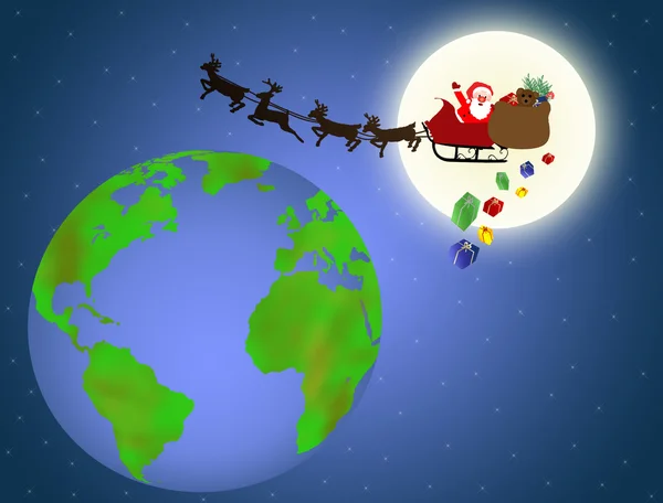 Santa flying over earth — Stock Vector