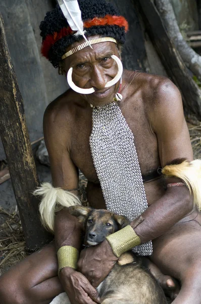 L'uomo di una tribù papuana in abiti tradizionali e coloranti in — Foto Stock