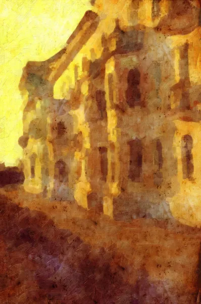 Vanha kuva talosta auringonlaskun aikaan — kuvapankkivalokuva