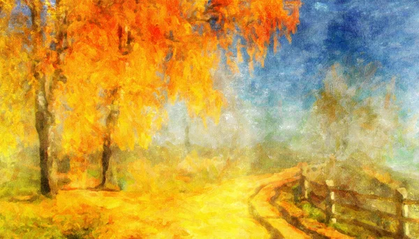 Picture oil paints on a canvas, landscape: autumn wood — Stock Photo, Image