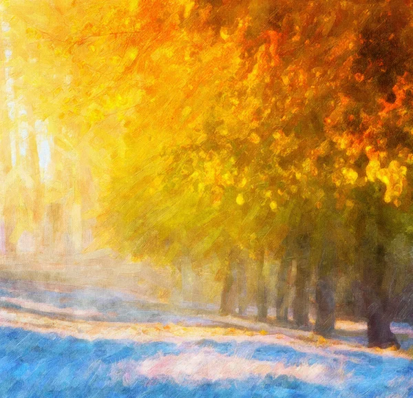 Picture oil paints on a canvas, landscape: autumn wood — Stock Photo, Image