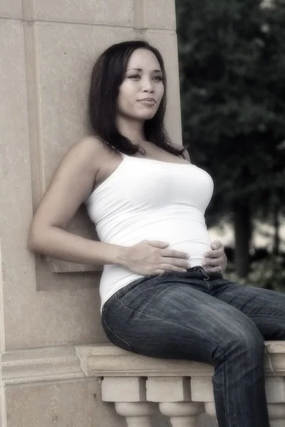 Gyönyörű többnemzetiségű nő öt hónapos terhes (8) — Stock Fotó