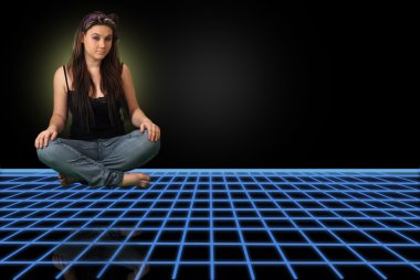 Teen Girl Sits Suspended Above a Futuristic Grid clipart