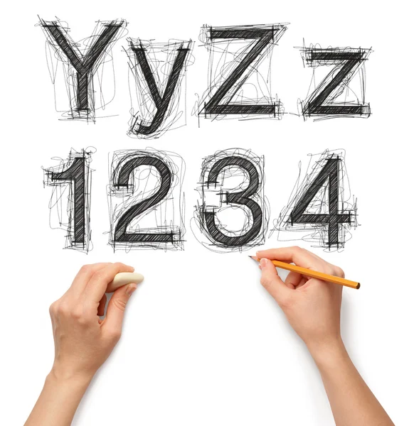 Skiss bokstäver och siffror med hand och penna — Stockfoto