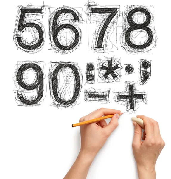 Boceto de letras y números con mano y lápiz —  Fotos de Stock