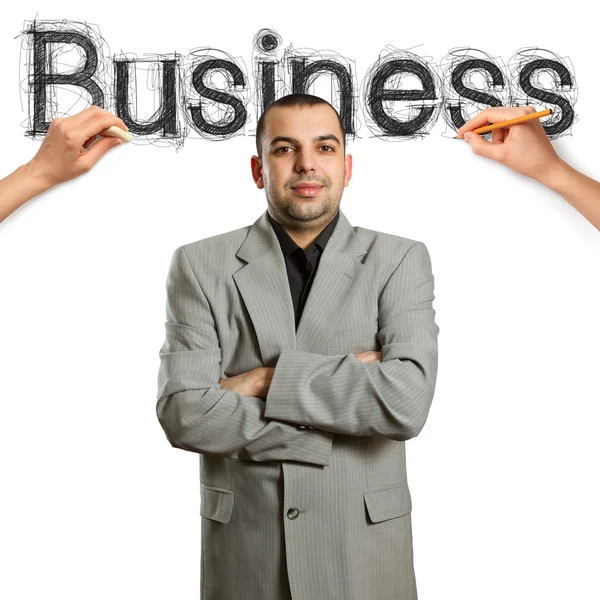 Szkic słowo biznes z biznesmen — Zdjęcie stockowe