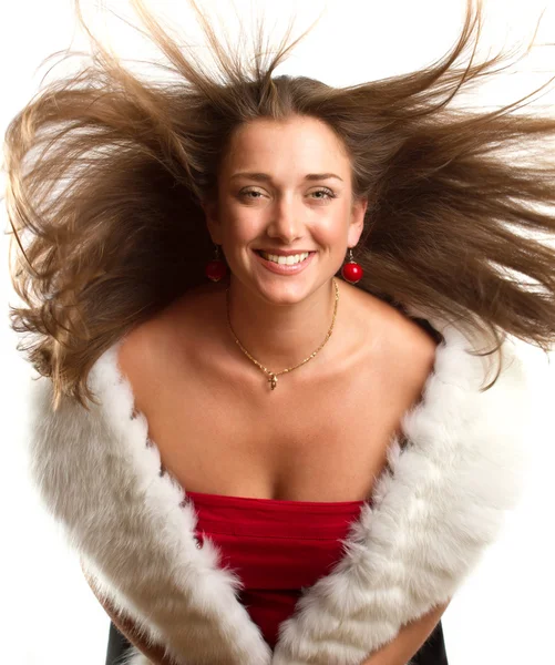 Ευρωπαϊκό γυναίκας με κόκκινο φόρεμα με γούνες — Φωτογραφία Αρχείου