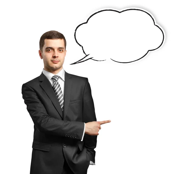 Male in suit with speech bubble — Stock Photo, Image