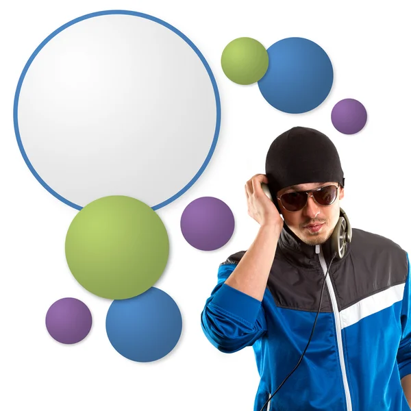 G-man in glasses with headphones and speech bubble — Stock Photo, Image