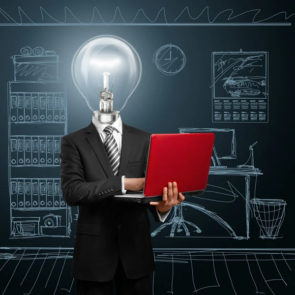 Lampa hlava podnikatel s notebookem — Stock fotografie