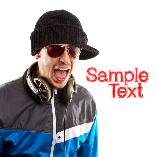 Man in glasses with headphones screaming — Stock Photo, Image