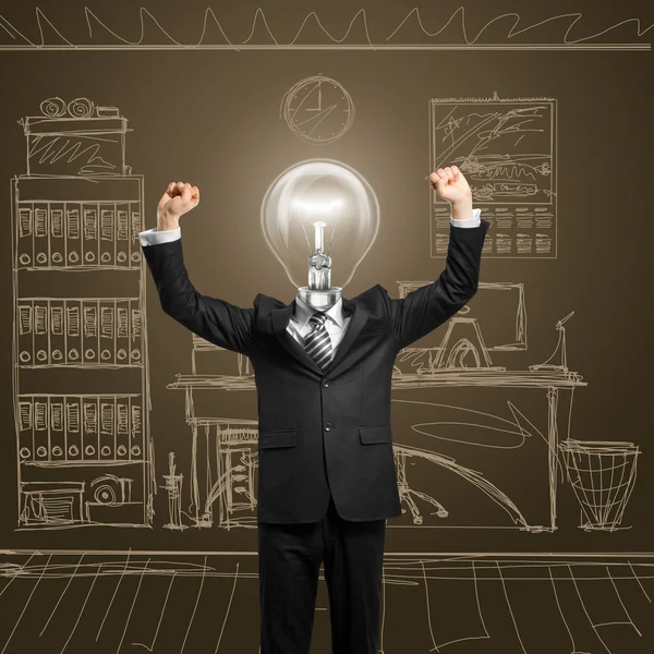 Lamp-head businessman with hands up — Stock Photo, Image